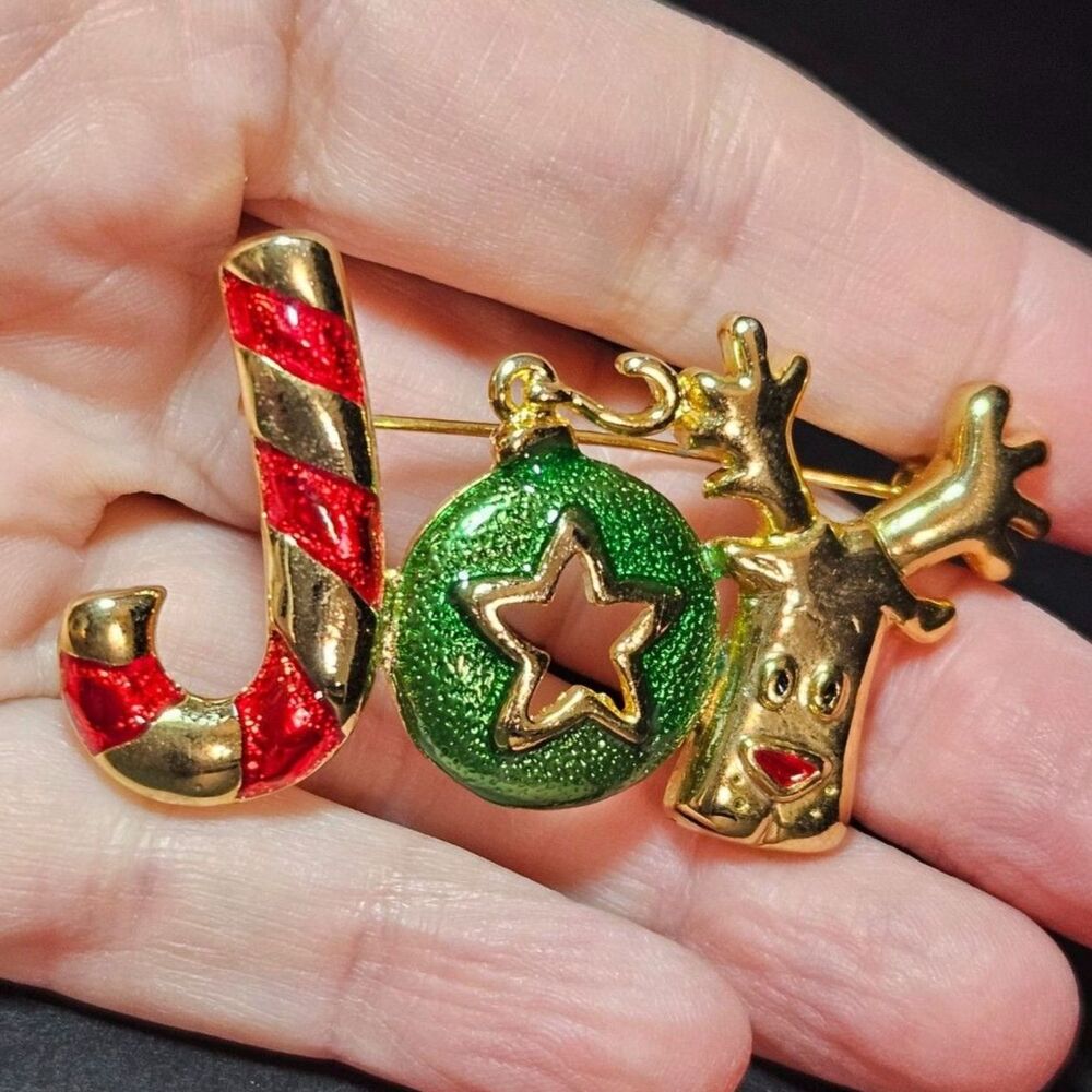 Vintage Danecraft Gold Tone Joy Holiday Brooch Red Green Enamel